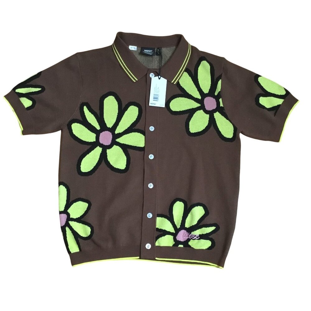 WESC Oversized Women Polo Collar Daisy Cardigan Shirt Brown Green Flowers XL NWT
